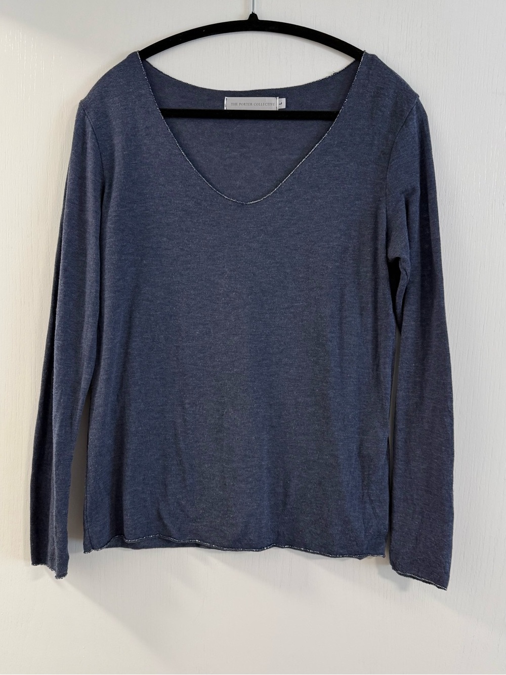 Porter Collective Womens Navy Long Sleeve Scoop Neck Tee with silver trim size L